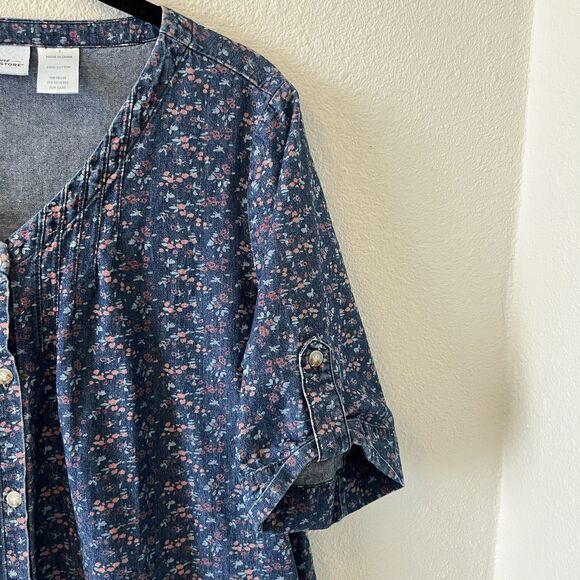 Vermont Country Store Denim Dress Womens Sm Floral Button Front Cottage Prairie - Picture 6 of 15